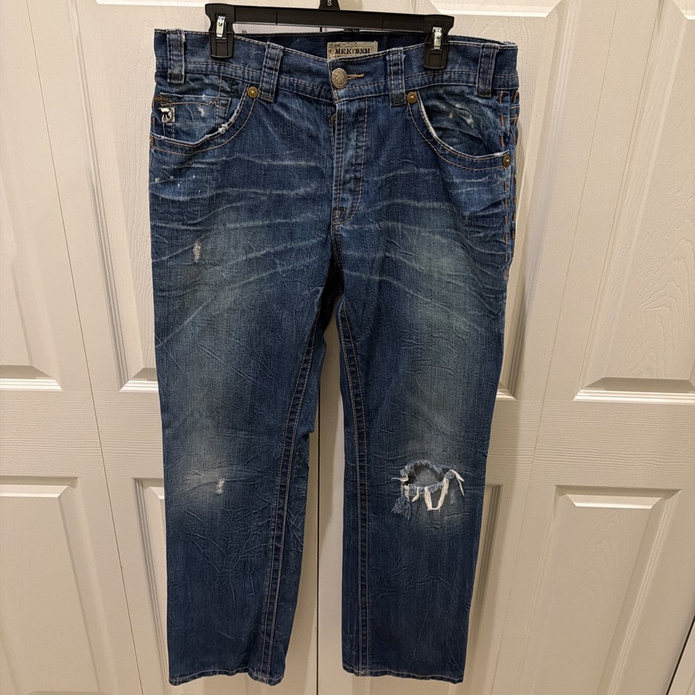 Mek USA Dnm Jeans Men Blue Denim Distressed Bulgar Slim Boot Cut 36x34